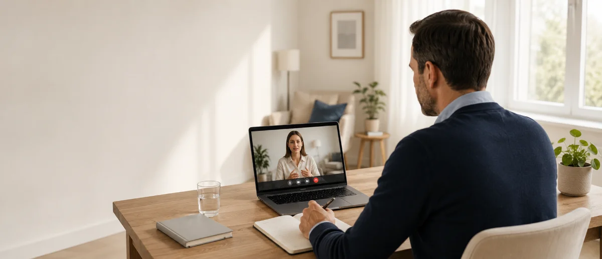 Symbolbild einer Online-Beratung am Laptop in einem hellen Raum